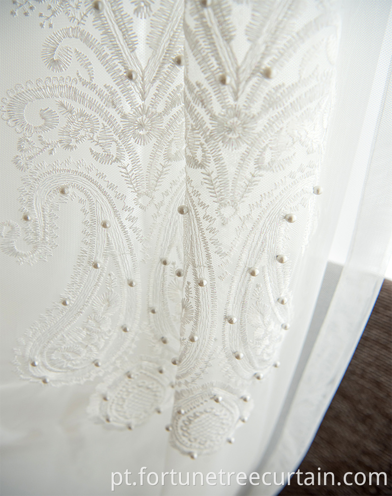 White Embroidery Beaded Curtain Sheer